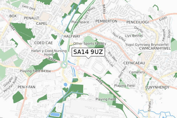 SA14 9UZ map - small scale - OS Open Zoomstack (Ordnance Survey)