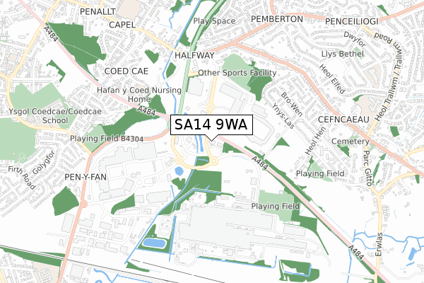 SA14 9WA map - small scale - OS Open Zoomstack (Ordnance Survey)