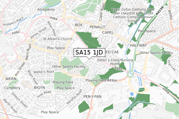 SA15 1JD map - small scale - OS Open Zoomstack (Ordnance Survey)