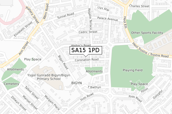 SA15 1PD map - large scale - OS Open Zoomstack (Ordnance Survey)