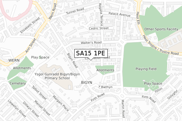 SA15 1PE map - large scale - OS Open Zoomstack (Ordnance Survey)