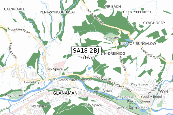 SA18 2BJ map - small scale - OS Open Zoomstack (Ordnance Survey)