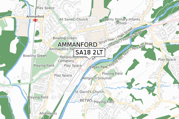 SA18 2LT map - small scale - OS Open Zoomstack (Ordnance Survey)