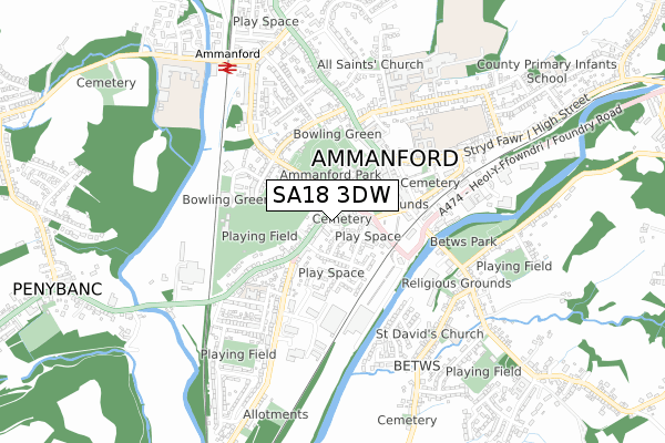 SA18 3DW map - small scale - OS Open Zoomstack (Ordnance Survey)