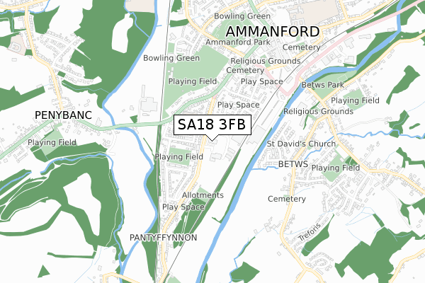 SA18 3FB map - small scale - OS Open Zoomstack (Ordnance Survey)