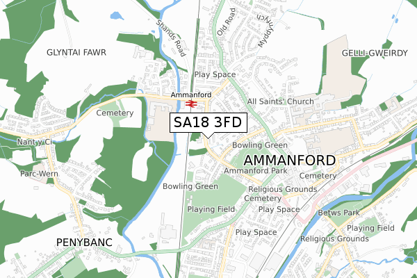 SA18 3FD map - small scale - OS Open Zoomstack (Ordnance Survey)