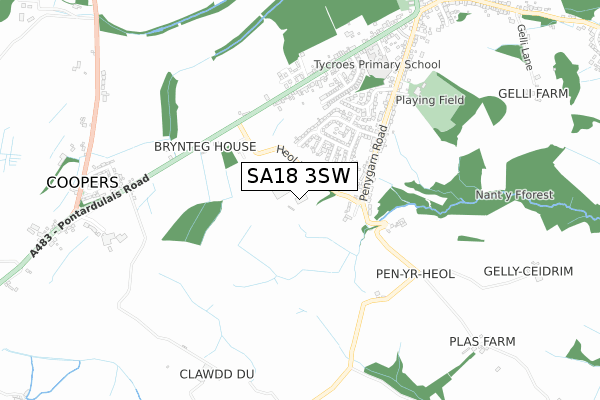 SA18 3SW map - small scale - OS Open Zoomstack (Ordnance Survey)