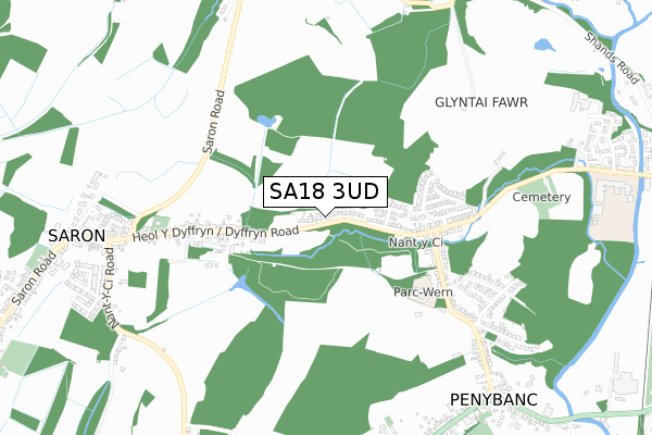 SA18 3UD map - small scale - OS Open Zoomstack (Ordnance Survey)