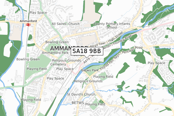 SA18 9BB map - small scale - OS Open Zoomstack (Ordnance Survey)