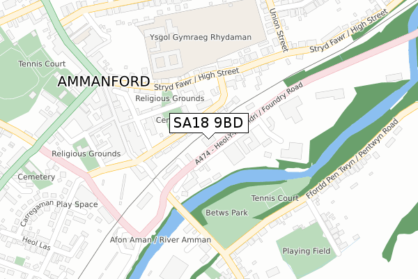 SA18 9BD map - large scale - OS Open Zoomstack (Ordnance Survey)