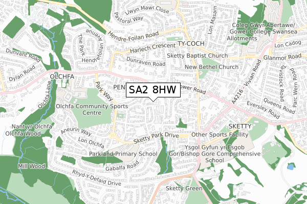 SA2 8HW map - small scale - OS Open Zoomstack (Ordnance Survey)