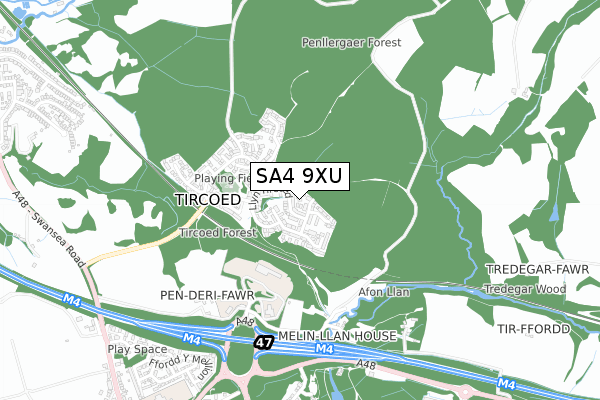 SA4 9XU map - small scale - OS Open Zoomstack (Ordnance Survey)