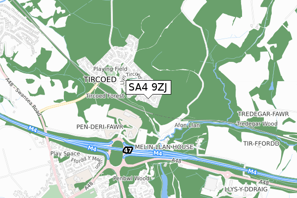 SA4 9ZJ map - small scale - OS Open Zoomstack (Ordnance Survey)