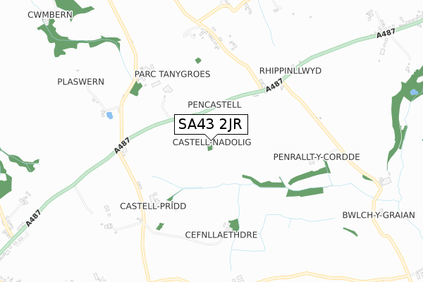 SA43 2JR map - small scale - OS Open Zoomstack (Ordnance Survey)