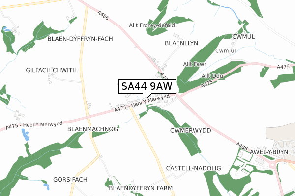 SA44 9AW map - small scale - OS Open Zoomstack (Ordnance Survey)