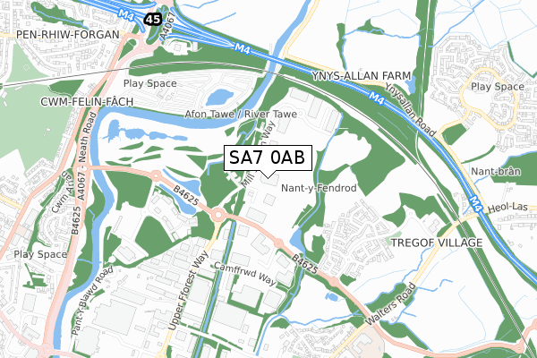 SA7 0AB map - small scale - OS Open Zoomstack (Ordnance Survey)