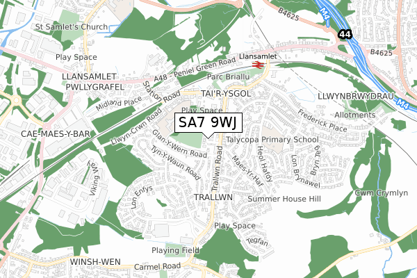 SA7 9WJ map - small scale - OS Open Zoomstack (Ordnance Survey)