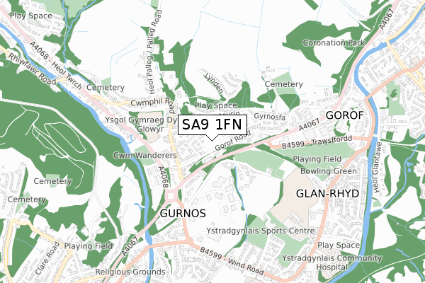 SA9 1FN map - small scale - OS Open Zoomstack (Ordnance Survey)