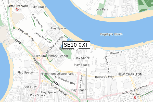 SE10 0XT map - small scale - OS Open Zoomstack (Ordnance Survey)