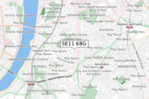 SE11 6BG map - small scale - OS Open Zoomstack (Ordnance Survey)