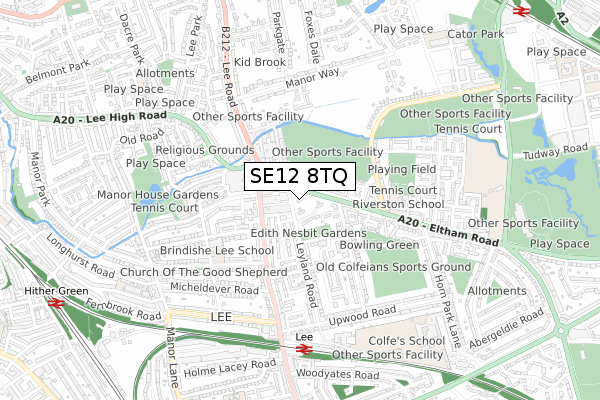 SE12 8TQ map - small scale - OS Open Zoomstack (Ordnance Survey)