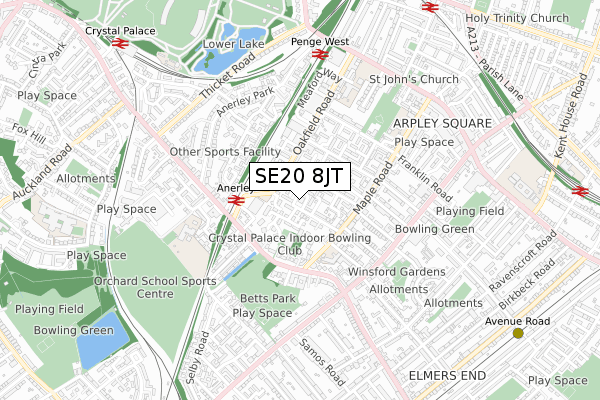 SE20 8JT map - small scale - OS Open Zoomstack (Ordnance Survey)