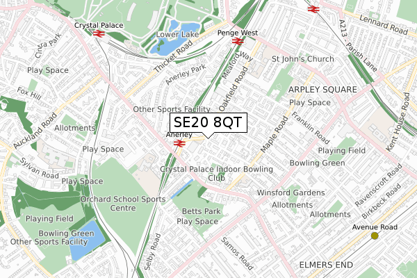 SE20 8QT map - small scale - OS Open Zoomstack (Ordnance Survey)