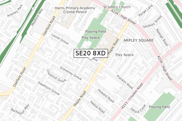 SE20 8XD map - large scale - OS Open Zoomstack (Ordnance Survey)