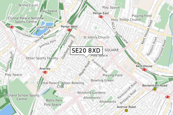 SE20 8XD map - small scale - OS Open Zoomstack (Ordnance Survey)