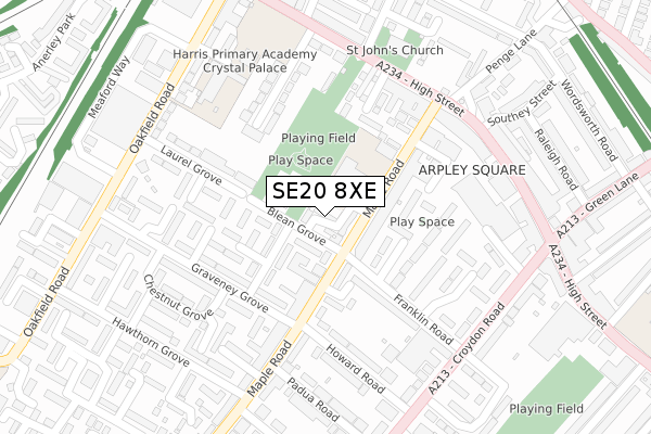 SE20 8XE map - large scale - OS Open Zoomstack (Ordnance Survey)