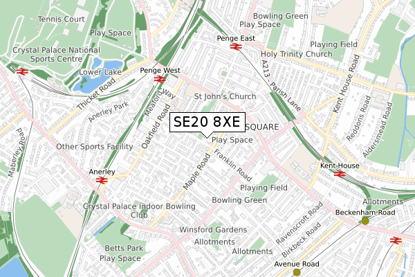 SE20 8XE map - small scale - OS Open Zoomstack (Ordnance Survey)