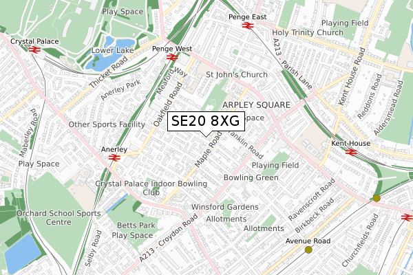 SE20 8XG map - small scale - OS Open Zoomstack (Ordnance Survey)