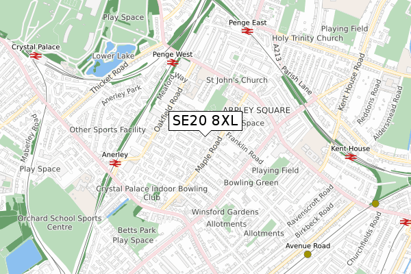 SE20 8XL map - small scale - OS Open Zoomstack (Ordnance Survey)