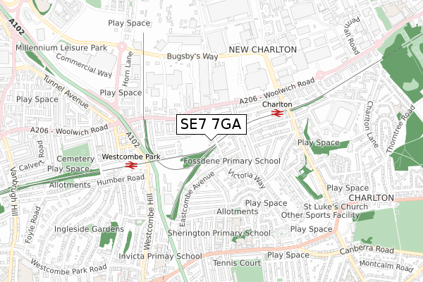 SE7 7GA map - small scale - OS Open Zoomstack (Ordnance Survey)