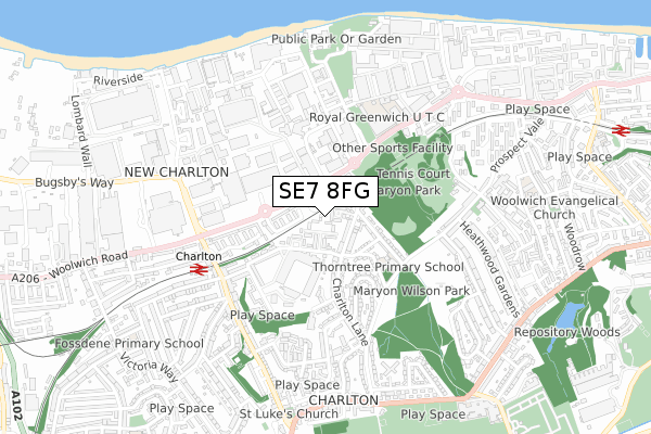 SE7 8FG map - small scale - OS Open Zoomstack (Ordnance Survey)