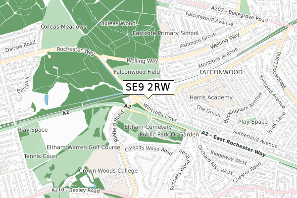 SE9 2RW map - small scale - OS Open Zoomstack (Ordnance Survey)