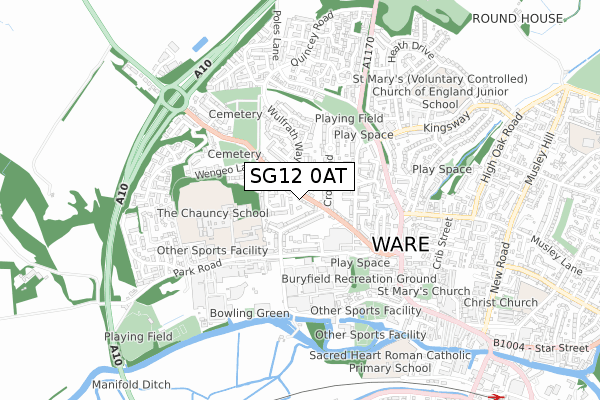 SG12 0AT map - small scale - OS Open Zoomstack (Ordnance Survey)