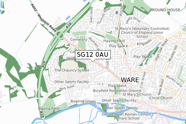 SG12 0AU map - small scale - OS Open Zoomstack (Ordnance Survey)