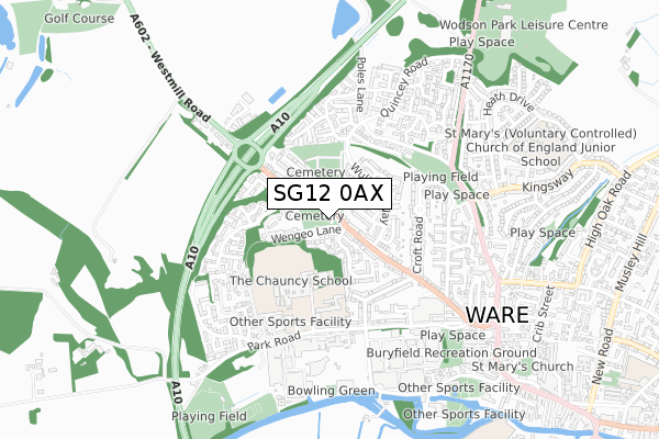 SG12 0AX map - small scale - OS Open Zoomstack (Ordnance Survey)