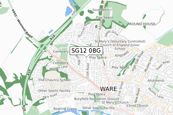 SG12 0BG map - small scale - OS Open Zoomstack (Ordnance Survey)