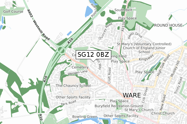 SG12 0BZ map - small scale - OS Open Zoomstack (Ordnance Survey)