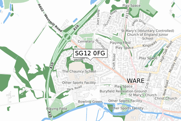 SG12 0FG map - small scale - OS Open Zoomstack (Ordnance Survey)