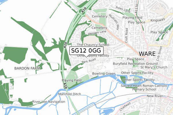 SG12 0GG map - small scale - OS Open Zoomstack (Ordnance Survey)