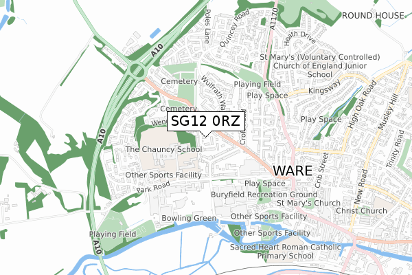 SG12 0RZ map - small scale - OS Open Zoomstack (Ordnance Survey)