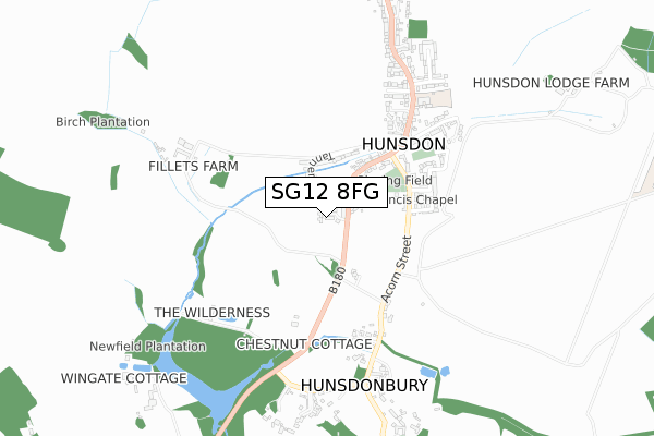 SG12 8FG map - small scale - OS Open Zoomstack (Ordnance Survey)