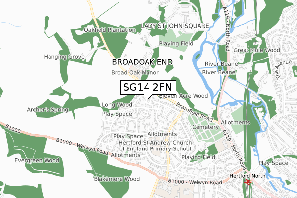 SG14 2FN map - small scale - OS Open Zoomstack (Ordnance Survey)