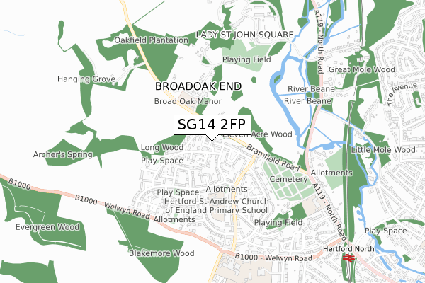 SG14 2FP map - small scale - OS Open Zoomstack (Ordnance Survey)