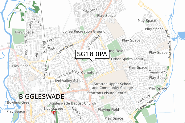 SG18 0PA map - small scale - OS Open Zoomstack (Ordnance Survey)