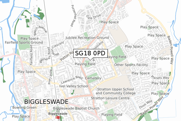 SG18 0PD map - small scale - OS Open Zoomstack (Ordnance Survey)