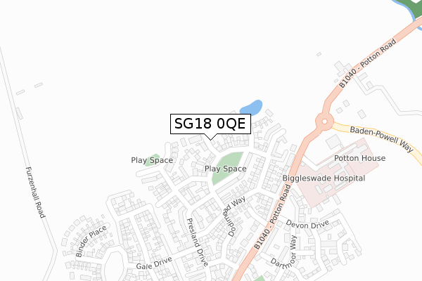 SG18 0QE map - large scale - OS Open Zoomstack (Ordnance Survey)